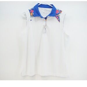 Monterey Club Womens Sleeveless Golf Polo‎ Shirt White Blue Floral Size L